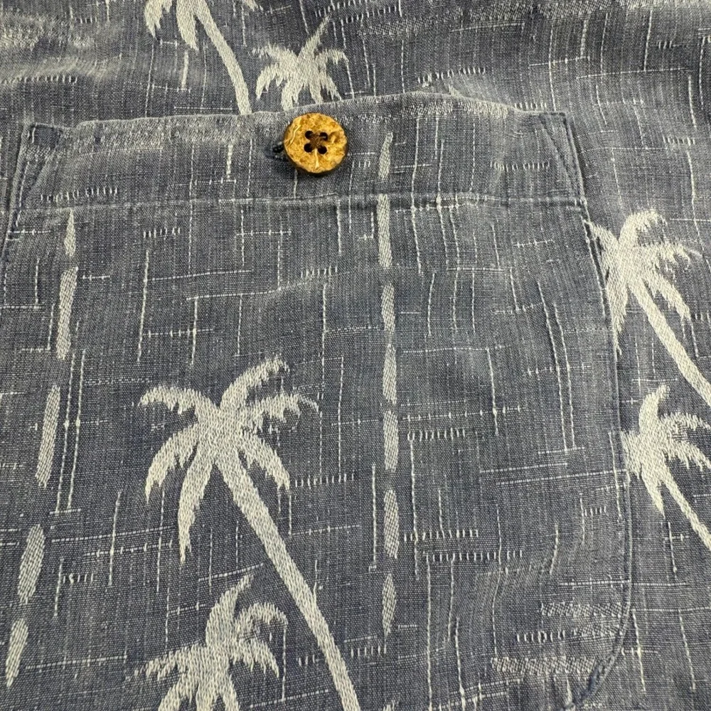 Banana Cabana Mens Blue Silk Palm Tree Print Short Sleeve Button Up Shirt Medium